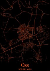 Black and orange halloween map of Oss Netherlands.This map contains geographic lines for main and secondary roads.