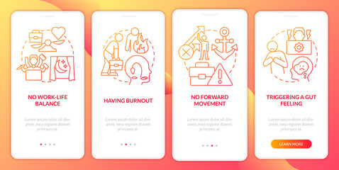 Toxic work environment signs red gradient onboarding mobile app screen. Walkthrough 4 steps graphic instructions pages with linear concepts. UI, UX, GUI template. Myriad Pro-Bold, Regular fonts used