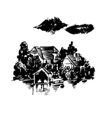 drawing picture of alpine chalet and wooden boat shed, by the lake surrounded by trees, in Austria , sketch, hand drawn digital illustration