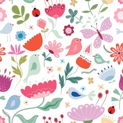 Spring and summer floral seamless pattern, wallpaper, background with seasonal design, flowers, butterflies and birds
