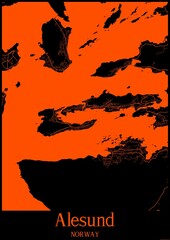 Black and orange halloween map of Alesund Norway.This map contains geographic lines for main and secondary roads.