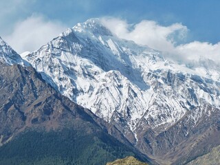 Snow Himalayan mountains ridge landscape in Mustang region Nepal.