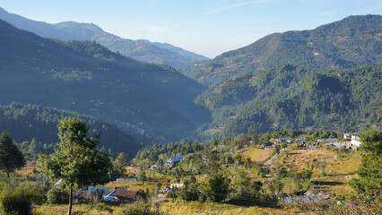 Fototapeta premium Shivalaya village on the Jiri to Lukla trek in the Himalaya mountains of Nepal.