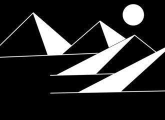 the mountains and the moon are white on a black background