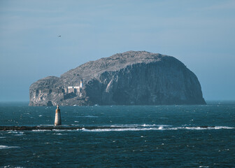 The Bass Rock island and lighthouse in the Firth of Forth in the east of Scotland. Bass Rock, Scotland, United Kingdom