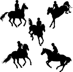 a set of silhouettes. a rider jumping over an obstacle on a horse, isolated images, a black silhouette on a white background.  
