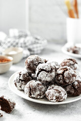 Homemade chocolate and coffee crinkle cookies in a white plate on the kitchen table. Traditional American cookies for Christmas with cracks and powdered sugar on a culinary background