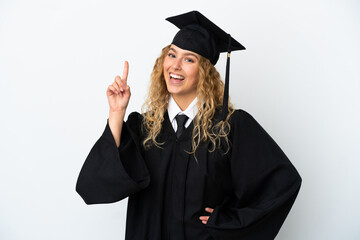 Young university graduate isolated on white background showing and lifting a finger in sign of the...