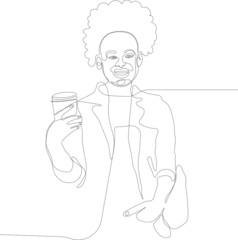 Continuous one line drawing of female in jacket keeping one hand in pocket and drinking lemonade. Attractive girl looking at camera, smiling and posing. Minimal outline concept. Vector illustration