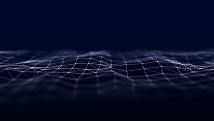 Hexagonal digital communication structure. Connection of dots and lines on a dark background. 3D rendering.