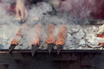 Delicious Adana kebabs on a grill with smokes, close up, outdoor photography