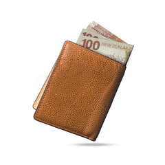 3D rendering of 100 New Zealand dollar notes popping out of a brown leather men’s wallet. New Zealand dollar in wallet