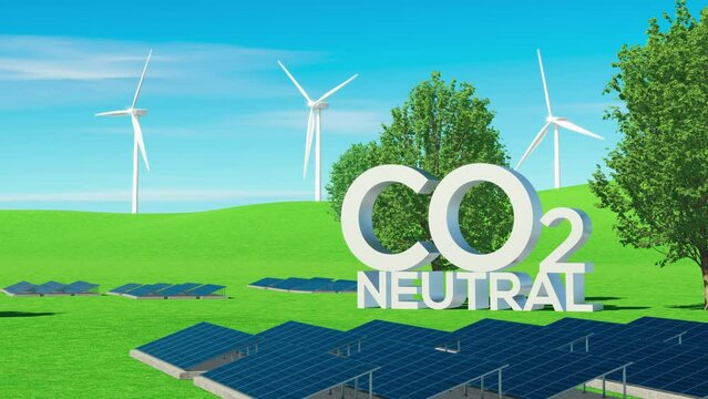 爽やかな草原に建つ脱炭素のシンボルと風力発電の風車 / カーボンニュートラル・脱炭素社会・再生可能エネルギー・サステナブルのコンセプトイメージ / 3Dモーショングラフィックス