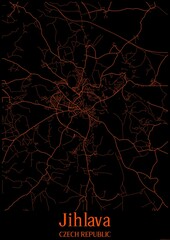 Black and orange halloween map of Jihlava Czech Republic.This map contains geographic lines for main and secondary roads.