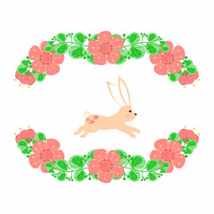 Poster template, invitation, decorated with bunny and flowers, hand-drawn. Welcome. Thank you for celebrating with us. Easter. Spring. Party invitation, card.