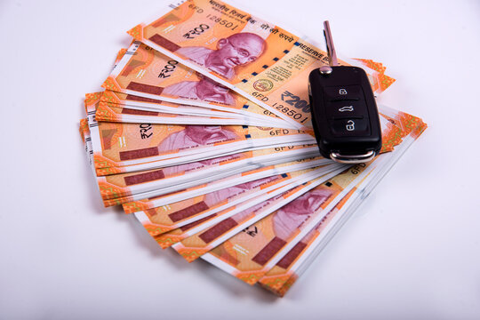 Success and got profit from business with new series of 200 indian rupee currency,money and calculator isolated on white background.