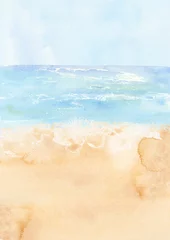 Fototapeten coastal landscape background clipart, watercolor beach background clipart, sea landscape illustration, printable postcard background, wave clipart, seaside clip art © lyubovzaytseva