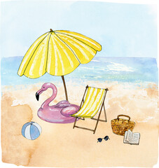 beach party illustration clipart, watercolor summer digital images, hawaii beach illustration