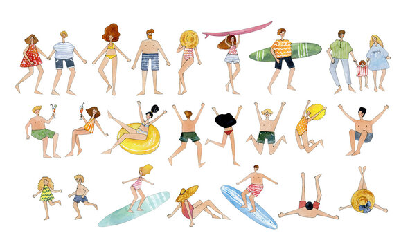 watercolor people on beach illustration clipart