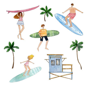 watercolor surfer people on beach illustration clipart, summer beach items clip art