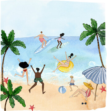 beach scene illustration, watercolor coastal landscape clip art, beach scene sublimation picture, hawaii sea background, happy black people on ocean clipart
