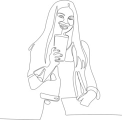 Continuous one line drawing of female in jacket keeping one hand in pocket and drinking lemonade. Attractive girl looking at camera, smiling and posing. Minimal outline concept. Vector illustration