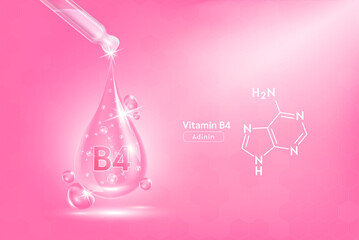 Vitamin B4 serum liquid gel in dropper and structure. Cream collagen complex with chemical formula from nature skin care vitamins. On pink background 3D realistic vector. Medical scientific concept.