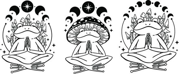 Meditating Celestial Frog, Magic toad with moon, Frog in mushroom hat, Celestial toad, Witchy frog with moon phases - obrazy, fototapety, plakaty