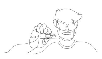 Continuous line man holding express antigen covid test vector.