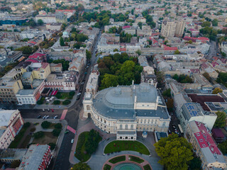 Academic Opera and Ballet Theatre. Odessa Opera and Ballet Theatre. Flying over the opera house. View from above.