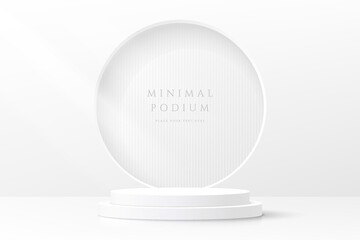 Abstract clean white 3D room with realistic white cylinder pedestal podium and circle window on the wall. Minimal scene for mockup product display. Vector geometric forms design. Stage for showcase.