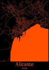 Black and orange halloween map of Alicante Spain.This map contains geographic lines for main and secondary roads.