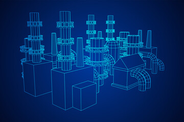 Industrial building factorie facilitie power plant with chimneys. Wireframe low poly mesh vector illustration.