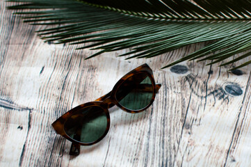 Gafas de sol junto a hoja de palmera