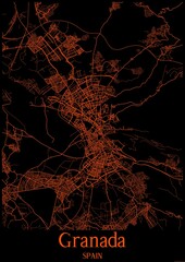 Black and orange halloween map of Granada Spain.This map contains geographic lines for main and secondary roads.