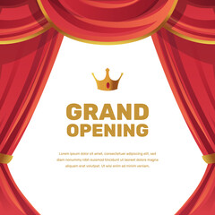 Grand opening poster with elegant cartoon drapery red curtain with golden crown