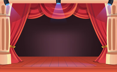 Theatre show performance with red curtain elegant drapery and wood floor for movie, show, comedy, theatrical, music, performing - obrazy, fototapety, plakaty