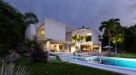 Luxury modern  villa with pool at dusk - obrazy, fototapety, plakaty
