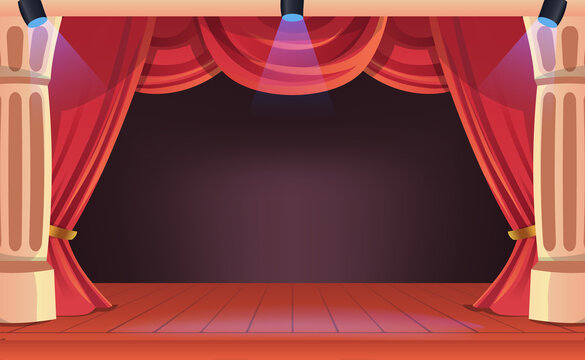 Theatre show performance with red curtain elegant drapery and wood floor for movie, show, comedy, theatrical, music, performing