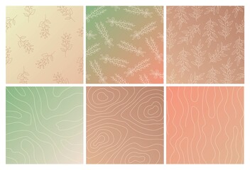 Spring vibes. In love with Nature. Abstract organic vector shapes, leaves, branch, plants. Set of natural template for social media post, cover, poster, greeting card, background. Pastel colors. 