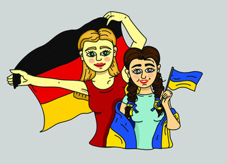 Girls with flags of Ukraine and Germany. Germany helps Ukrainian refugees and supplies weapons to counter aggression. Conceptual illustration of national friendship.