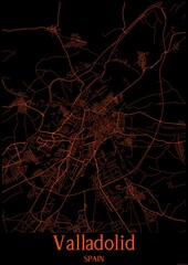 Black and orange halloween map of Valladolid Spain.This map contains geographic lines for main and secondary roads.
