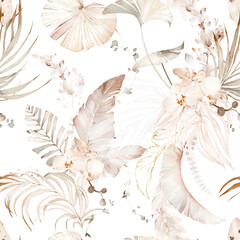 motif harmonieux d& 39 aquarelle avec fleur d& 39 orchidée, feuilles tropicales, branches. Tuile botanique, arrière-plan.