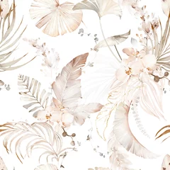 Crédence en verre imprimé Beige motif harmonieux d& 39 aquarelle avec fleur d& 39 orchidée, feuilles tropicales, branches. Tuile botanique, arrière-plan.
