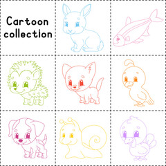 Coloring book page for kids. Animal set. Cartoon style character. Vector illustration isolated on white background.
