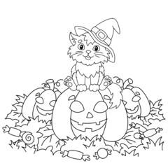 A cat in a witch hat sits on a pumpkin. Halloween theme. Coloring book page for kids. Cartoon style. Vector illustration isolated on white background.