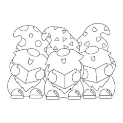 The dwarfs are singing Christmas carols. Coloring book page for kids. Cartoon style character. Vector illustration isolated on white background.