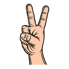 Hand gesture. Peace sign. Colorful vector illustration. Isolated on white background. Design element. Template for your design, books, stickers, cards.