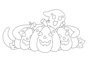 Cute pumpkins and a ghost. Coloring book page for kids. Cartoon style character. Vector illustration isolated on white background. Halloween theme.