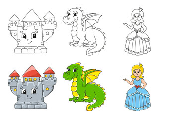 Set coloring page for kids. Fairytale theme. Cute cartoon characters. Black stroke. With sample. Vector illustration.